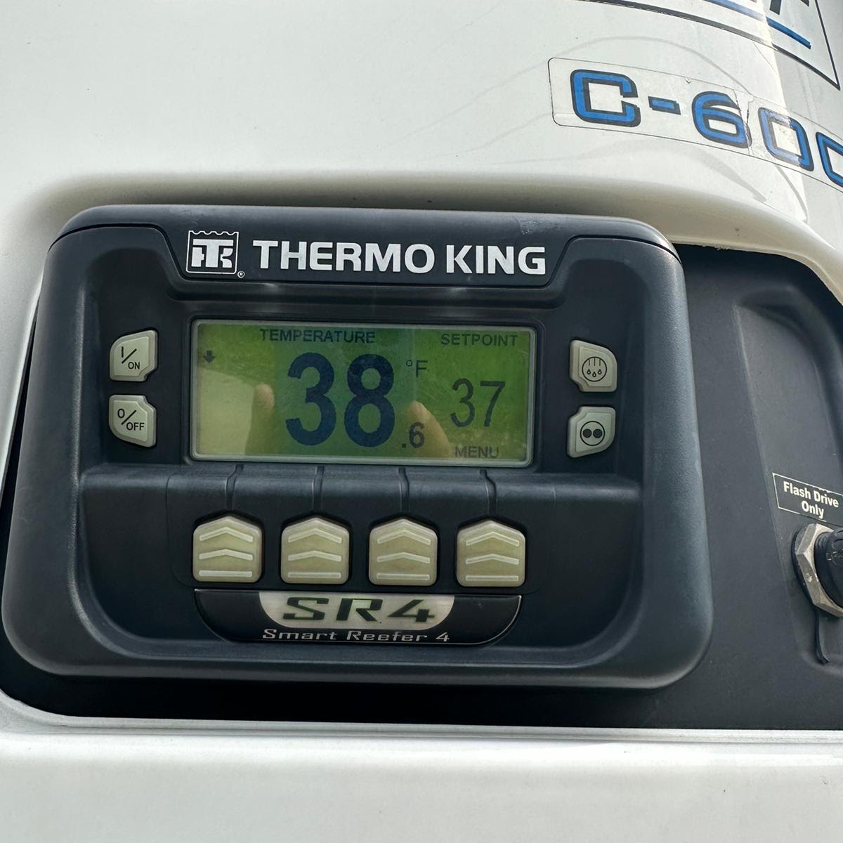 Thermo King reefer control unit showing the trailer temperature held at 38 degrees